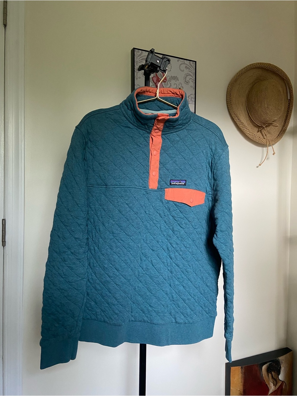 Patagonia Teal Quilted Snap-Front Pullover with Coral Accents